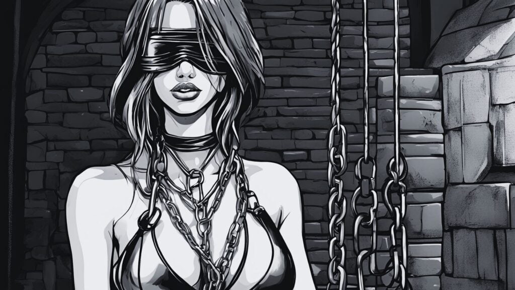 Pretty blindfolded and chained girl closeup