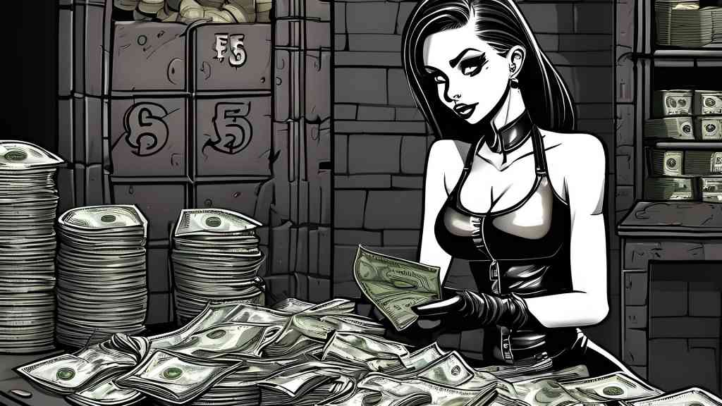 Sexy domina in leather counting cash money at a table in a dungeon - fetish cartoon