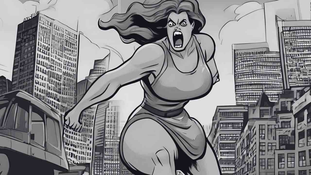 Giantess fetish photo, a gigantic woman is raging surrounded by tall buildings that emphasize her size